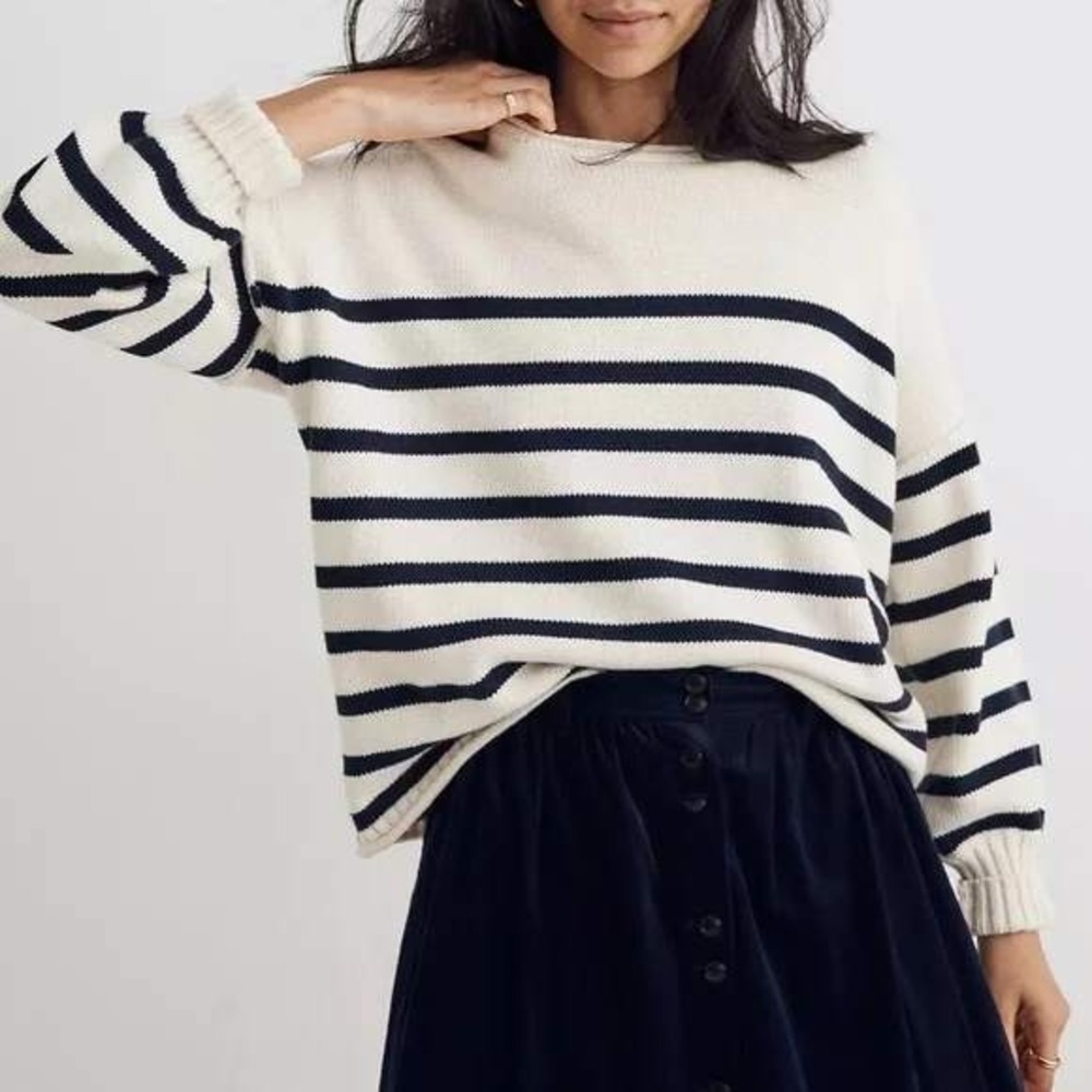 Madewell Conway Pullover Antique Cream Black Stripe Cotton Sweater Roll Neck XXS